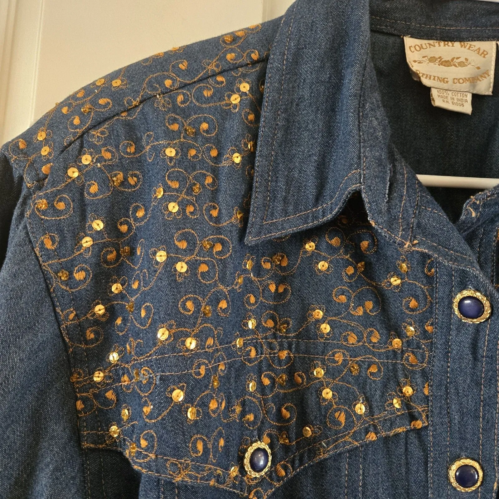Vintage Country Wear Denim Western Shirt Gold Embroider Sequins Sz 12 Rodeo Chic Blue - Image 12
