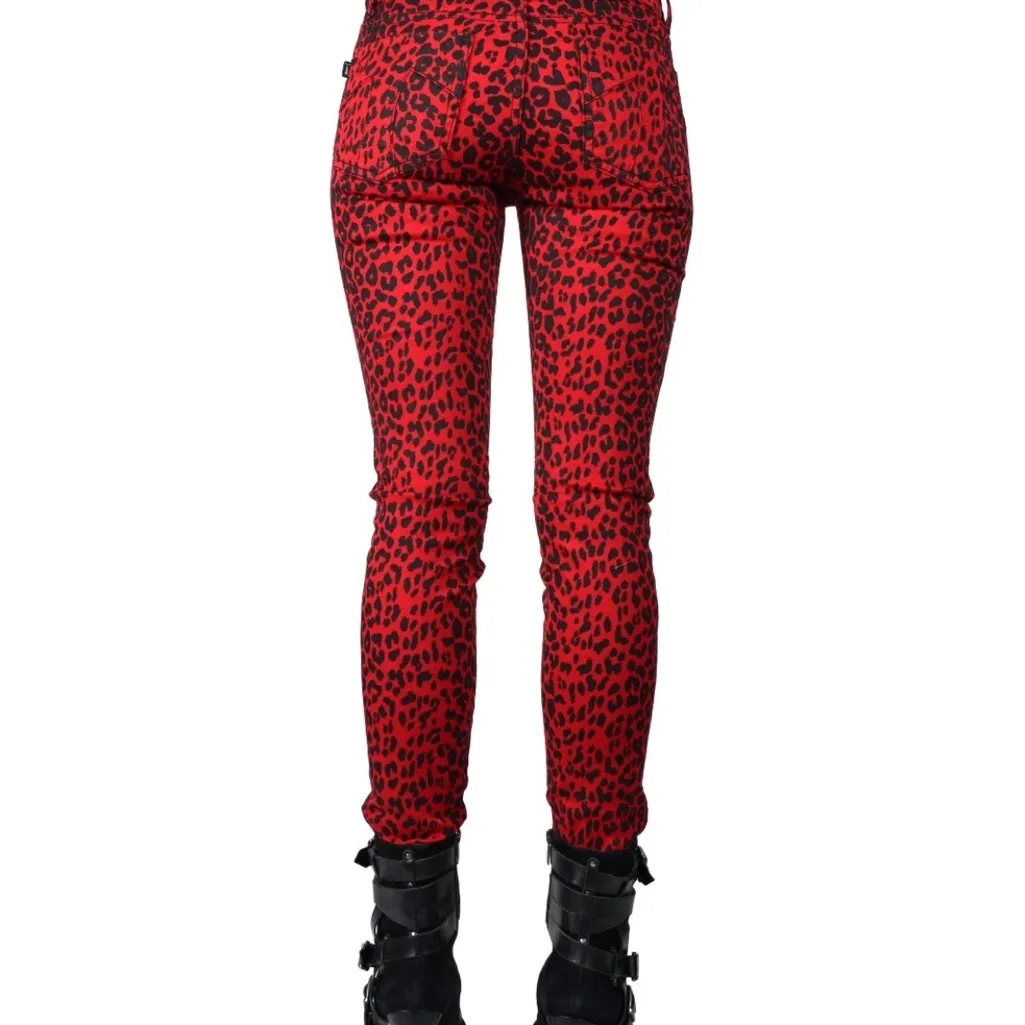 TRIPP RED BLACK LEOPARD JEAN PANTS MOTO METAL SKINNY GOTH ROCKER PUNK - Image 3