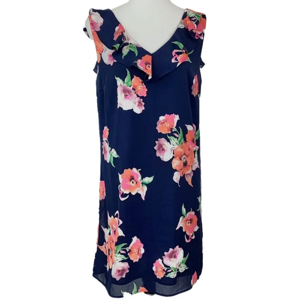 Skies Are Blue Women's Sundress V-neck Blue Pink Ruffle Floral Dress Size Small - Image 9