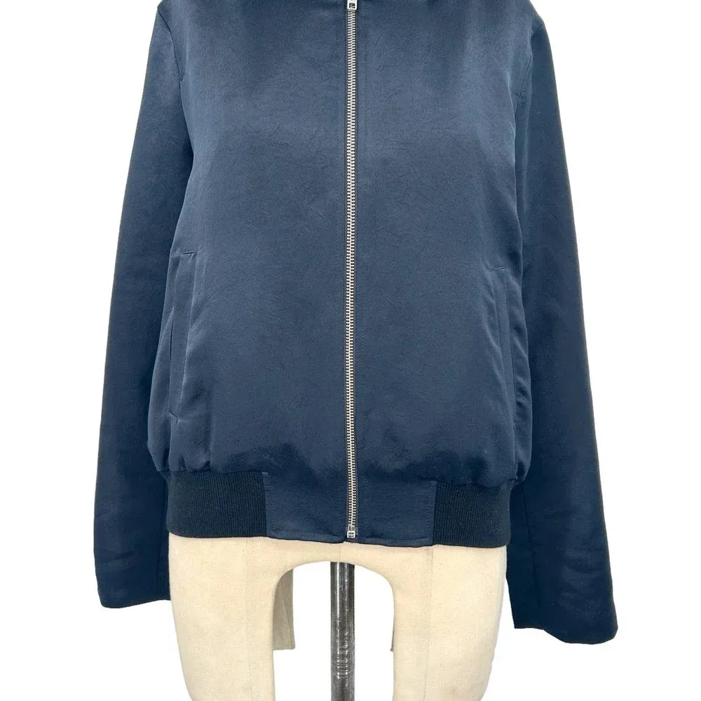 ALC A.L.C. Edison Bomber Jacket Zip Up Hoodie Layered Satin Blue Gray Size Large‎ - Image 4
