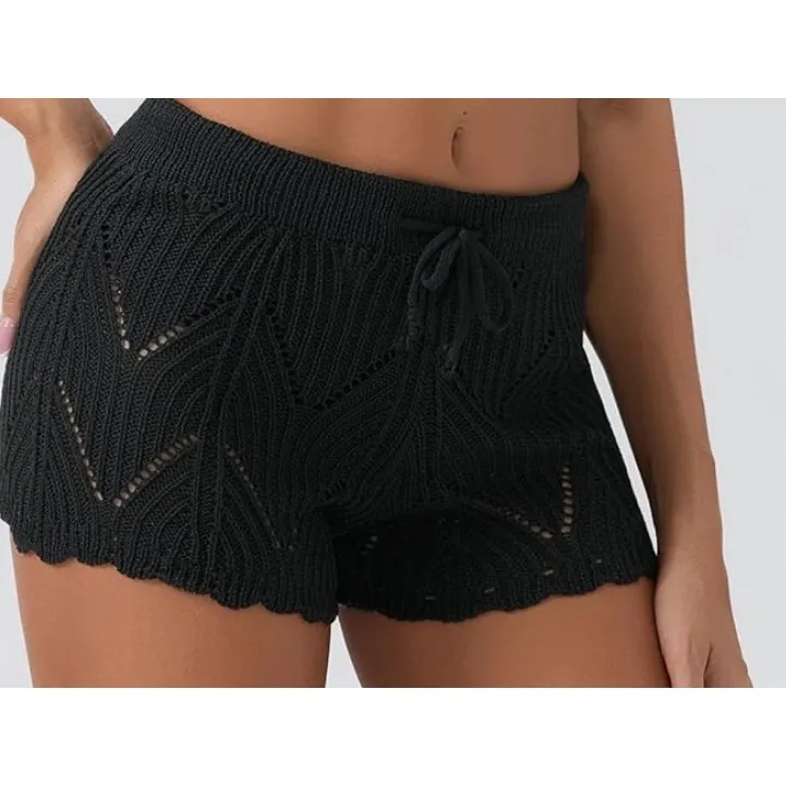 Black‎ Crochet Knit Shorts Drawstring Waist Summer Beach Cover Up Women's Black Size L - Image 2
