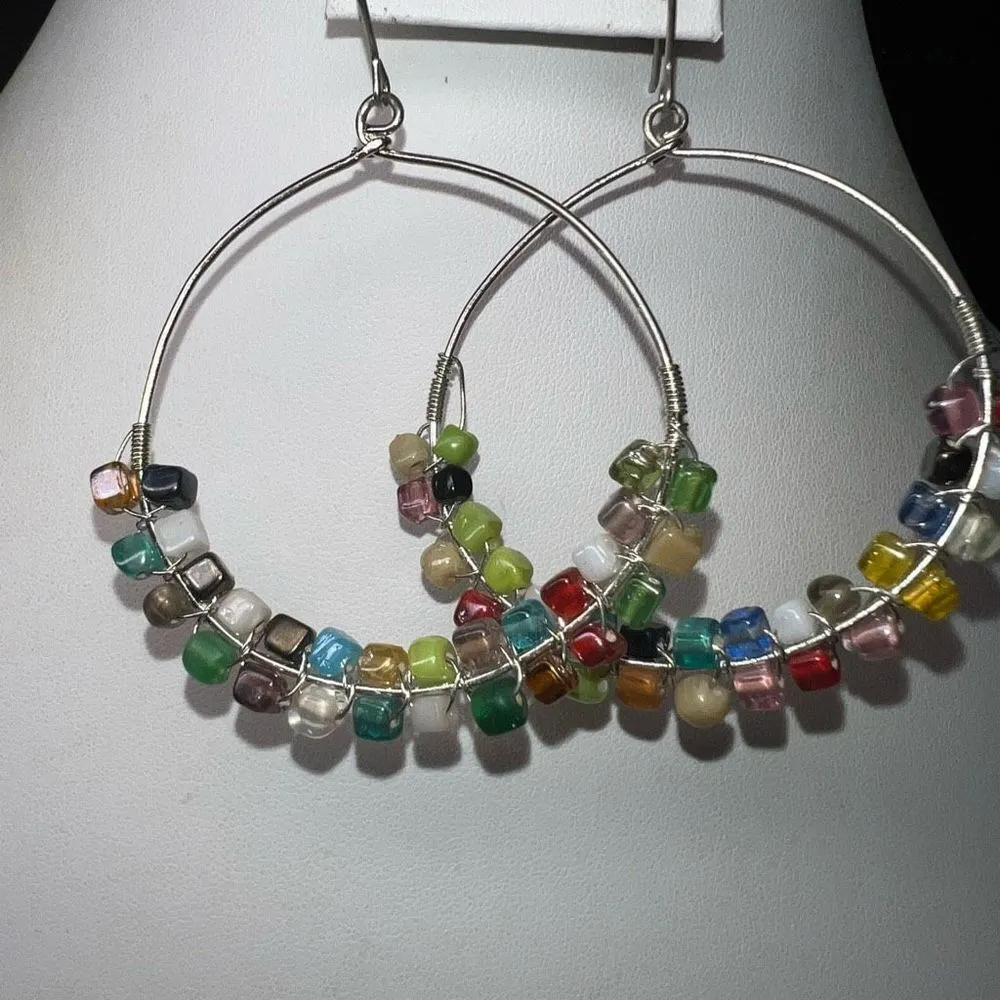 Boho Silver Tone Gemstone Chakra Dangle Hoop Earrings - Image 3