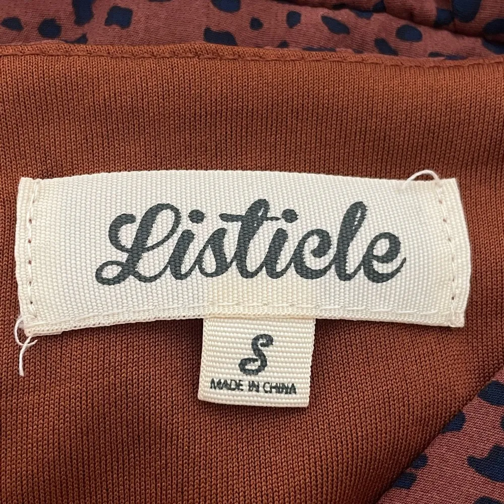 Listicle Patterned Chiffon Dress Brown Navy Blue Size Small - Image 6