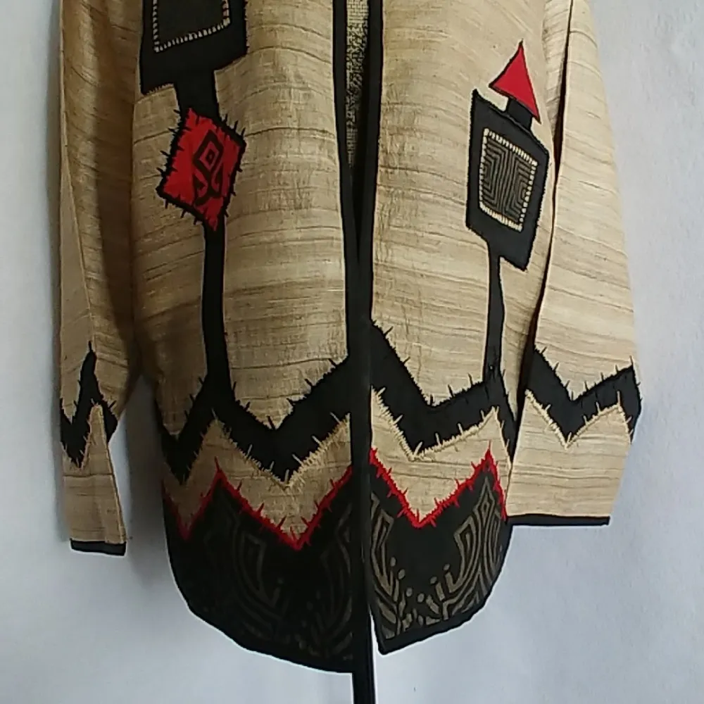 Vintage Alex Kim Silk Geo Tribal Design Jacket Tan Size M - Image 3