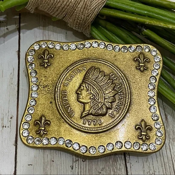 SISI AMBER United States of America Indian Head Rhinestone Brass Belt Buckle - Image 1