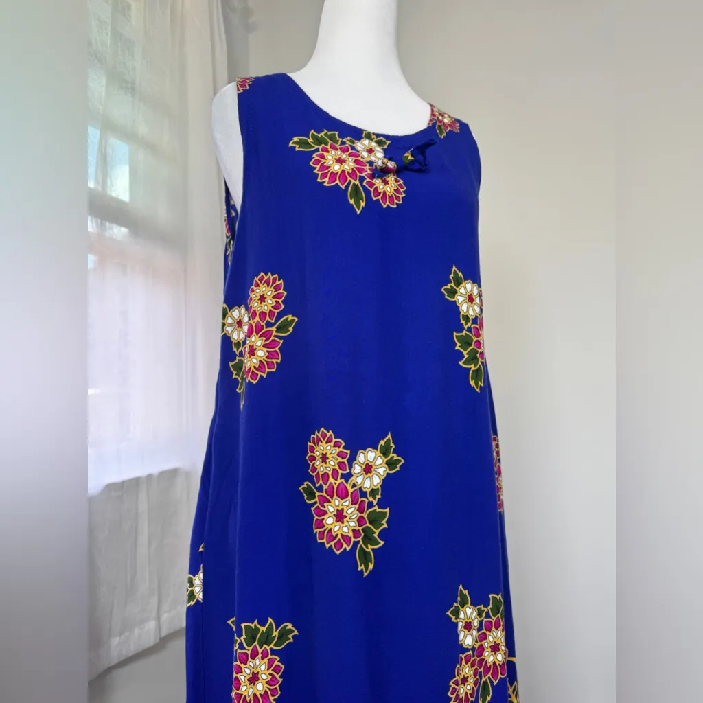 Royal Blue Floral Print Scoop Neck Sleeveless Lightweight Midi Dress Size M - Image 4