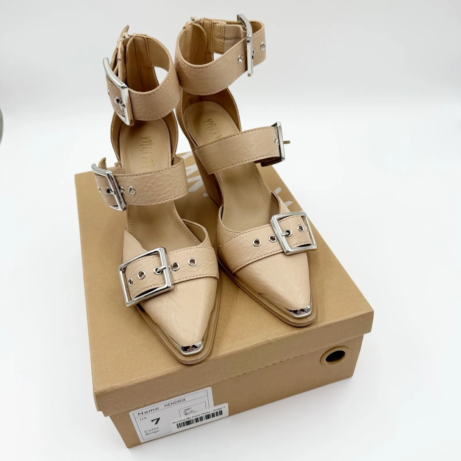 Mi.iM Proving My Point Heels Beige Pointed Steel Toe Block Heel Buckle Size 7 Tan - Image 10