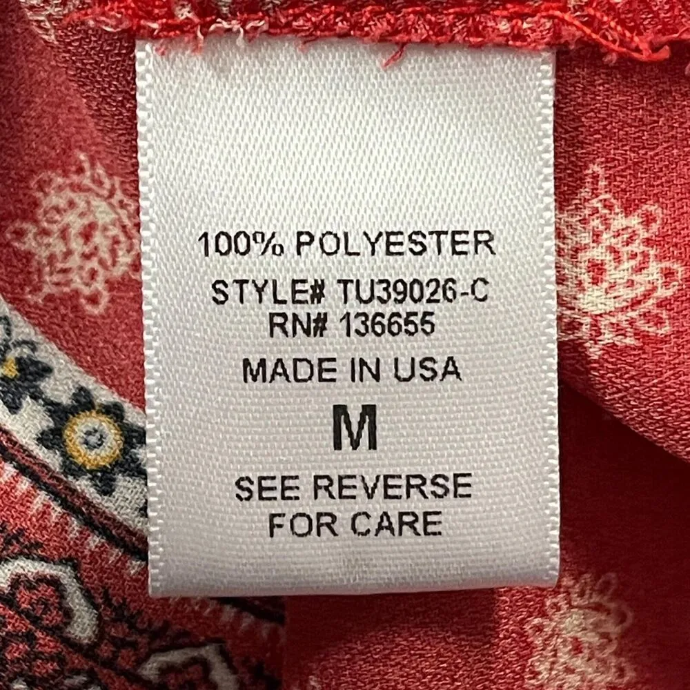 West Kei Womens Talia Blouse Top Med Tie Front Roll Tab Sleeves Red Boho Coastal - Image 4