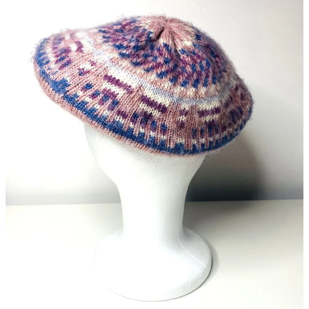VTG Aris Purple Pink Multicolor Knit Pastel Cozy Soft Girl Aesthetic Beret Hat - Image 2