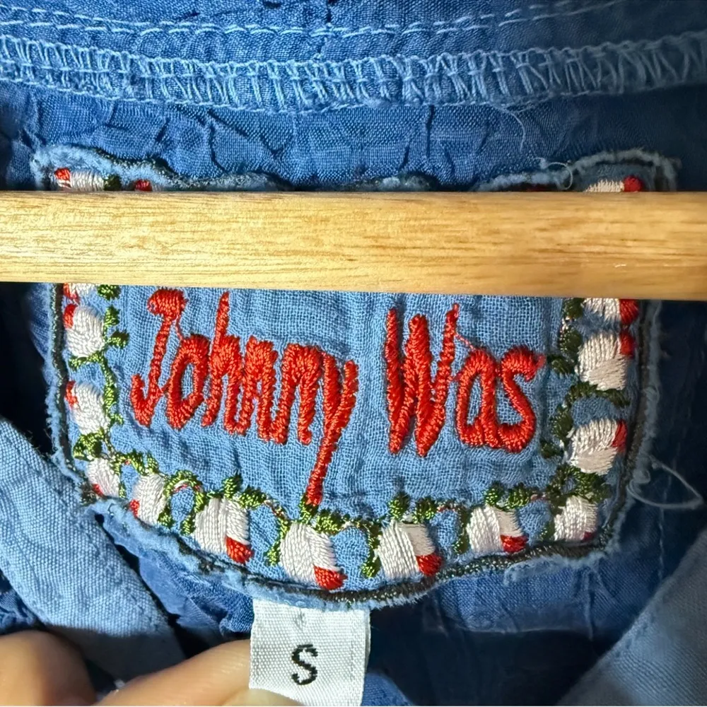 Johnny Was Blue Embroidered Boho Dress Smocked Bodice Long Sleeve Size S - Image 4