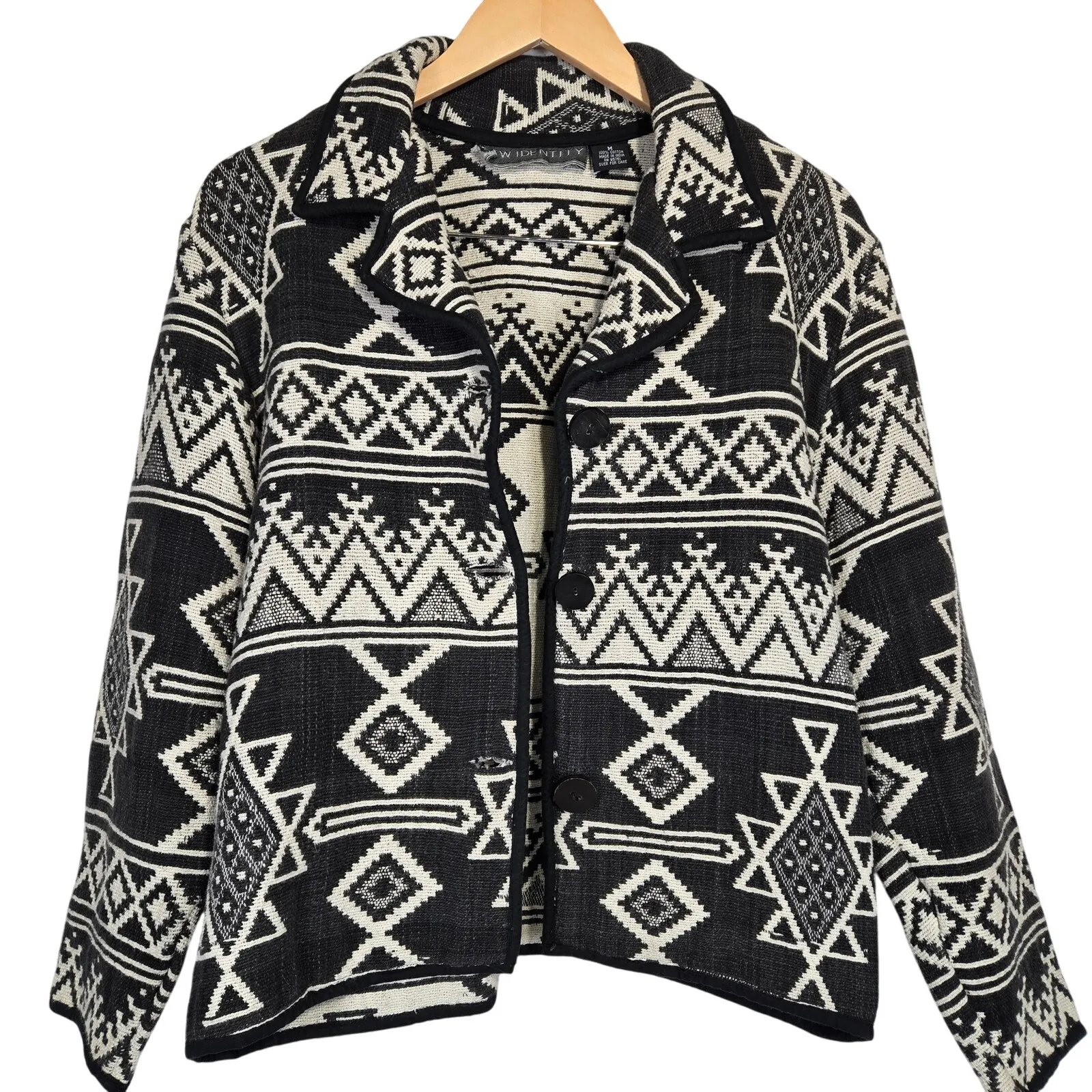 NEW IDENTITY Womens Geometric Print Jacket Black White Cotton Size M Tapestry Size M - Image 3
