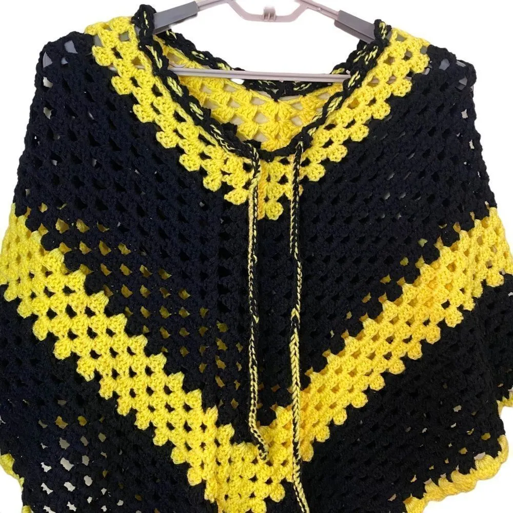 Hand Crochet Black & Yellow Poncho Boho One Size Yellow Size undefined - Image 2