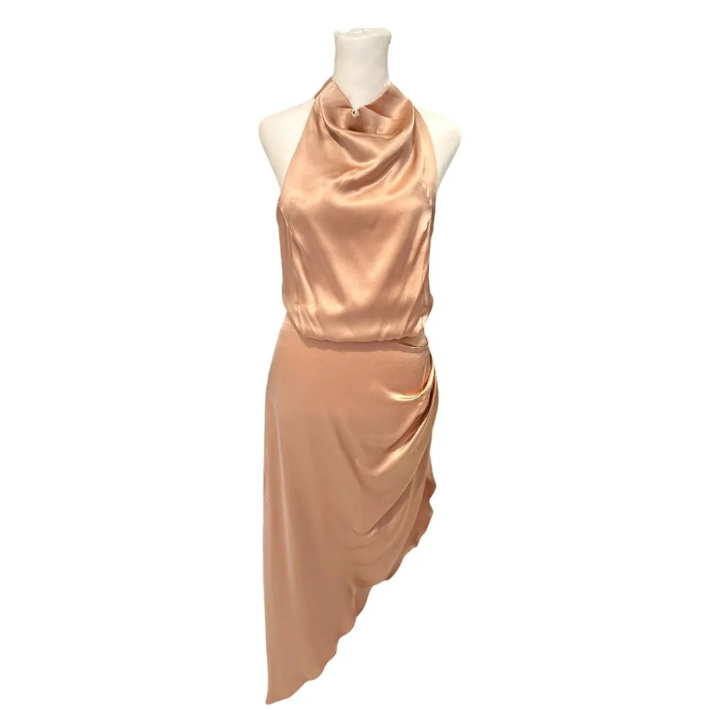 Elliott Lambent Halter silky fabric, cowl neck, asymmetrically draped skirt A29 Tan Size L - Image 3