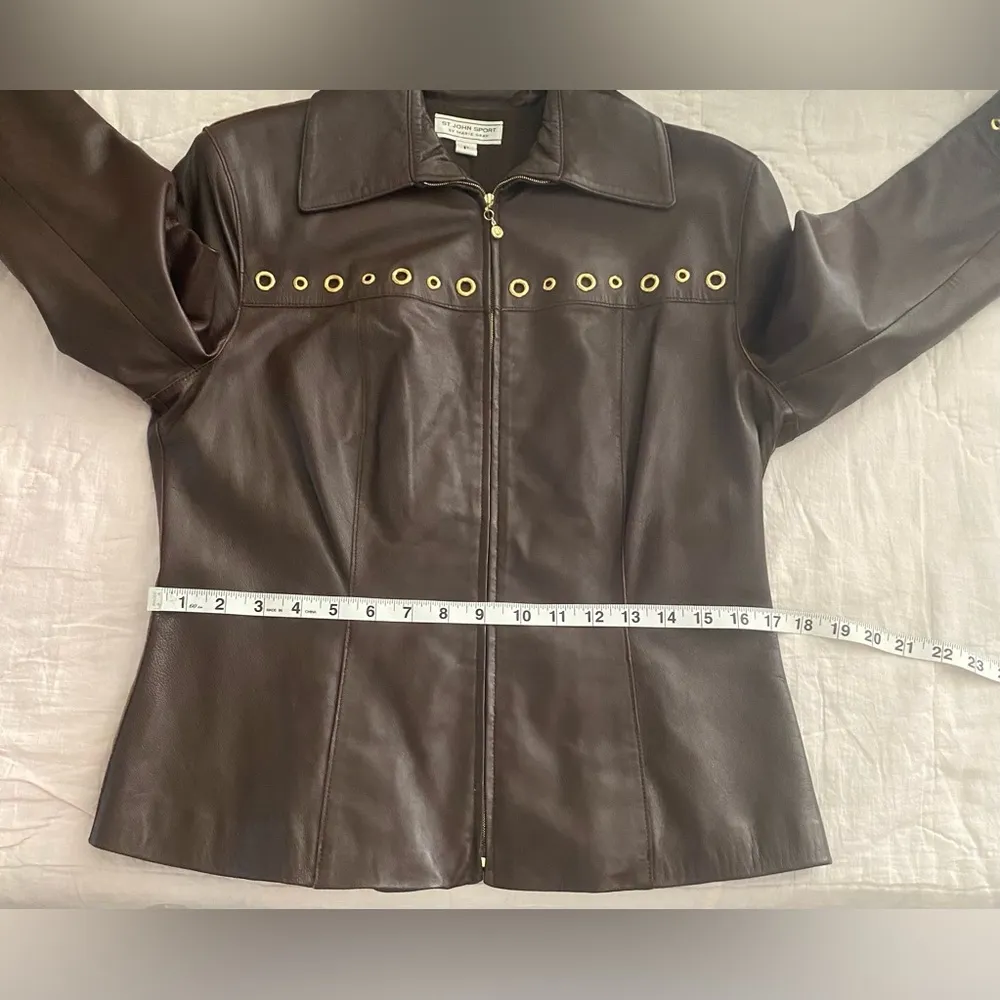 St John Sport Brown Leather Jacket Coat Gold Grommet Y2K 90’s Style Petite Small) - Image 8