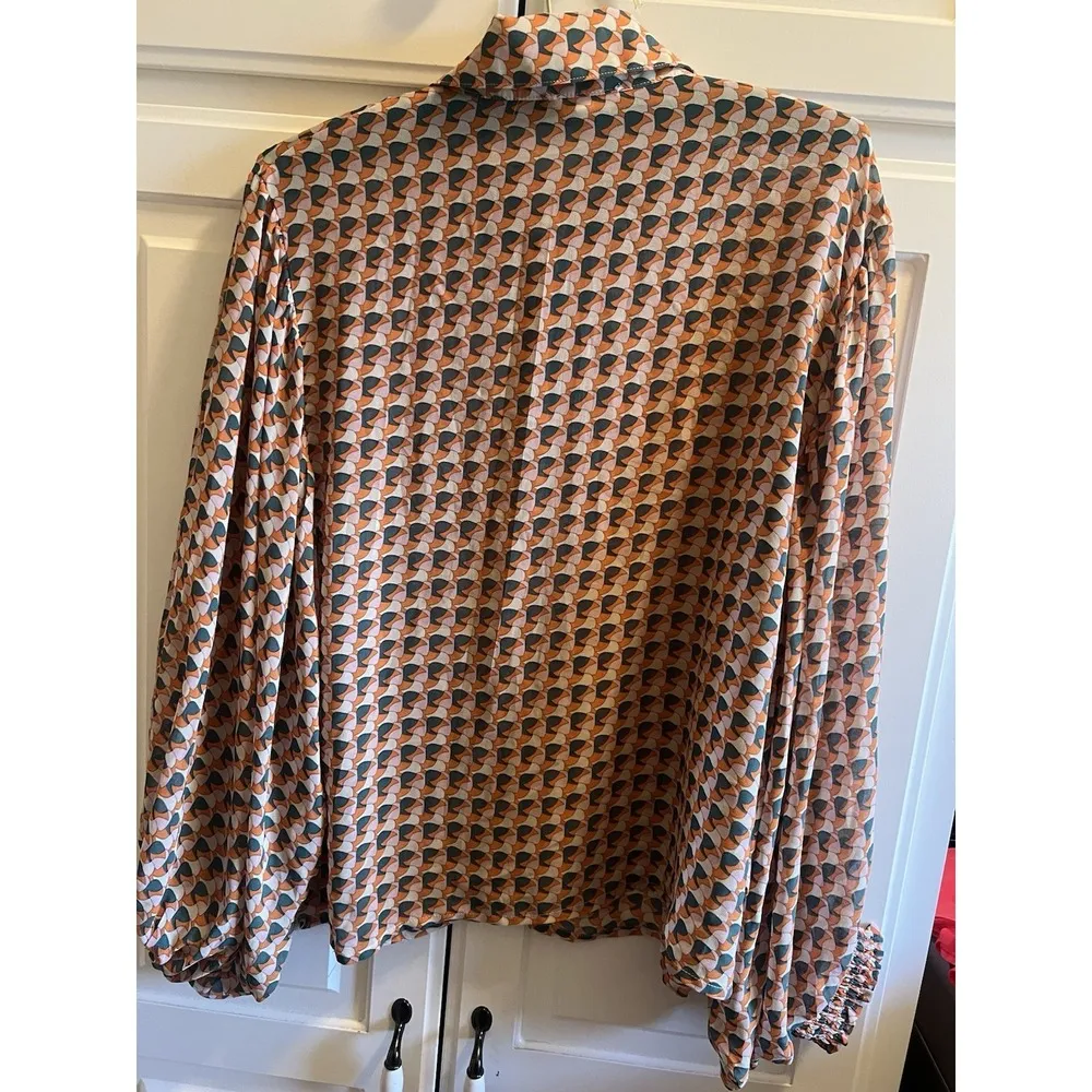 Ee:some Balloon Sleeve Orange Green Button Front Blouse M Size 8 - Image 5