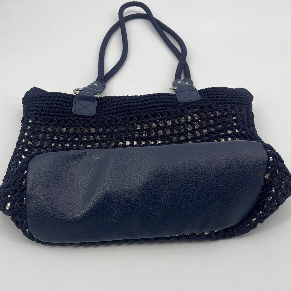 The Sak Crochet Navy Tote Bag Double Rope Handle Boho Preppy Gold Lined Purse - Image 3