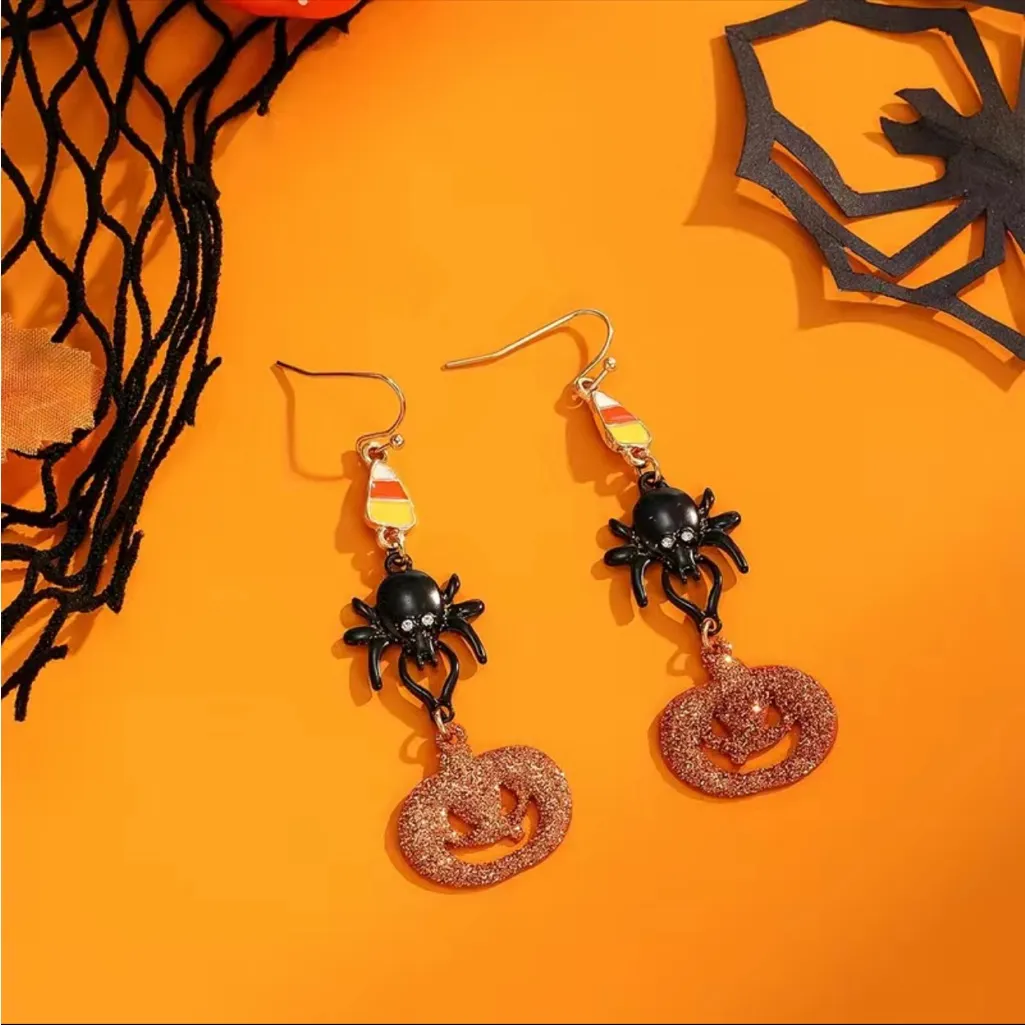 Halloween Decoration Pumpkin Dark Spider Design Dangle Earrings Zinc Alloy‎ Faux Black - Image 7