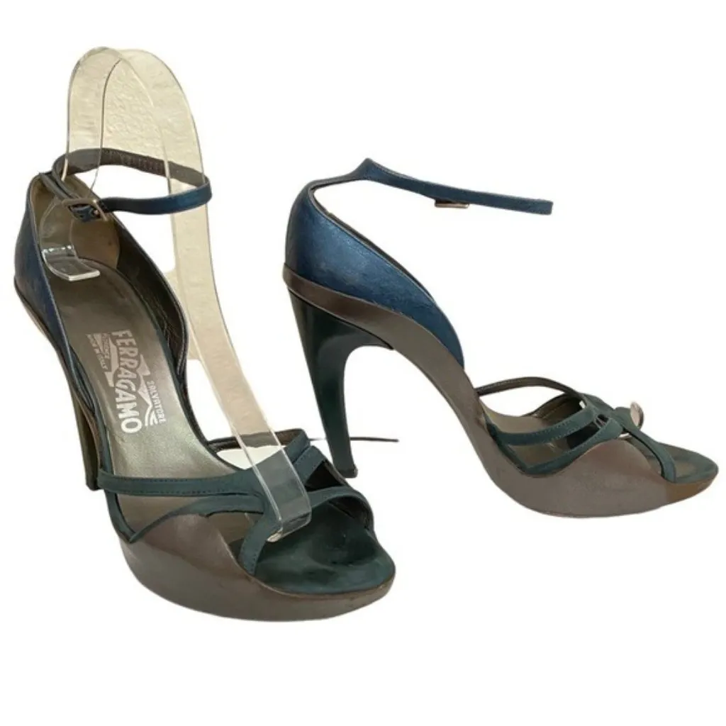Salvatore Ferragamo Leather Metallic Gray and Teal Ankle Strap Heels Size 7.5 - Image 2