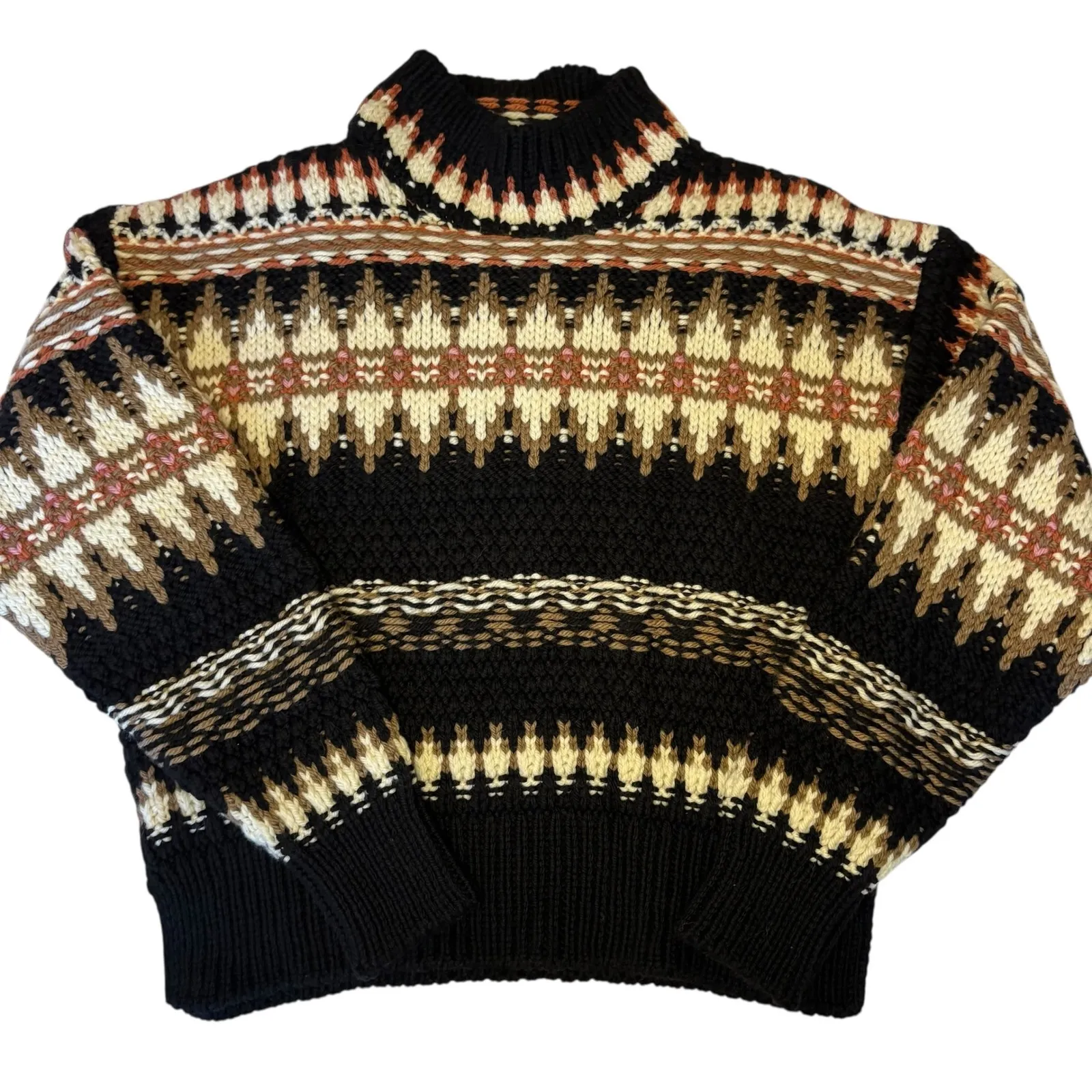 Splendid Henrietta Fair Isle Knit Mock Neck Sweater S Black‎ Brown Cream - Image 5