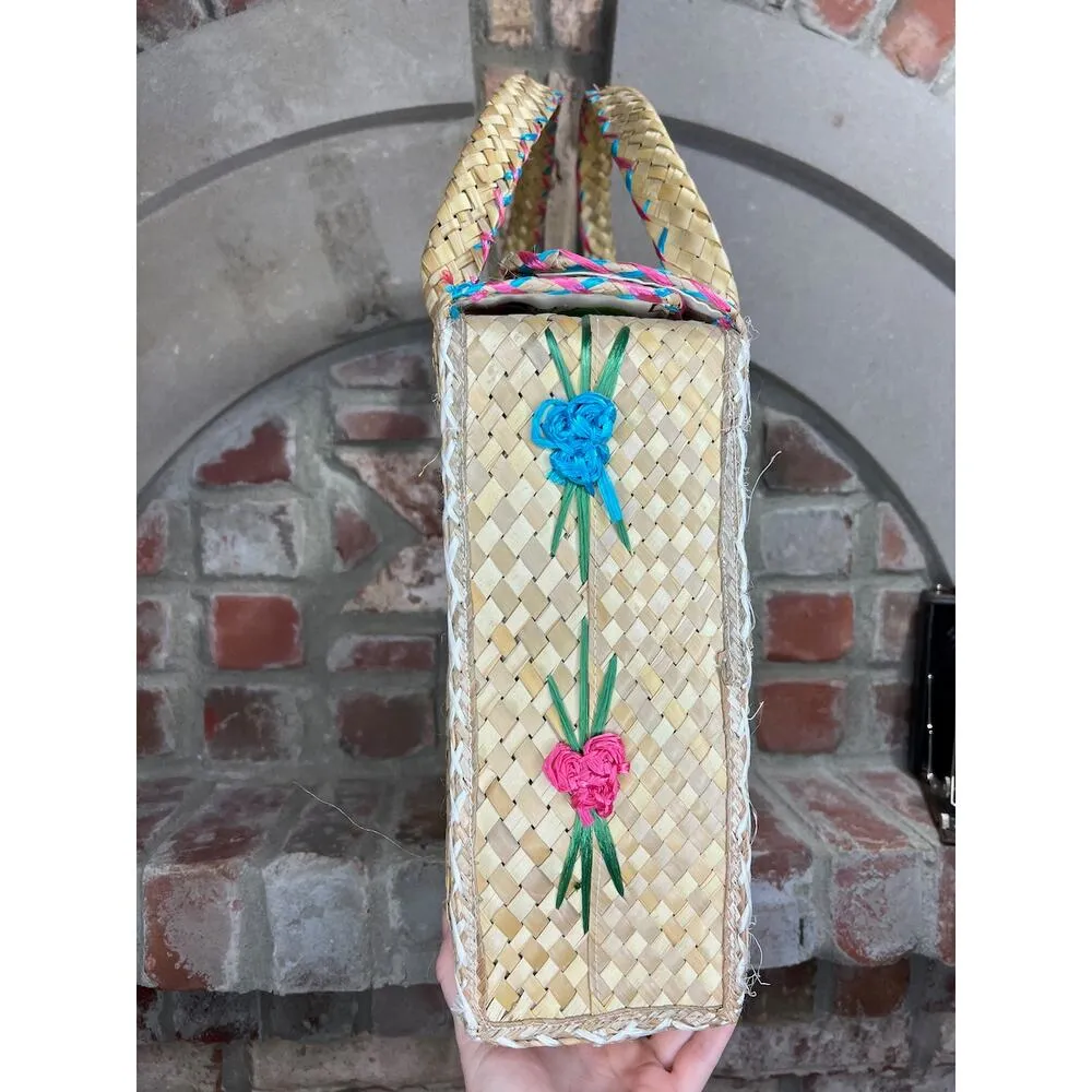 raffia straw suitcase shoulder bag floral blue pink yellow - Image 7