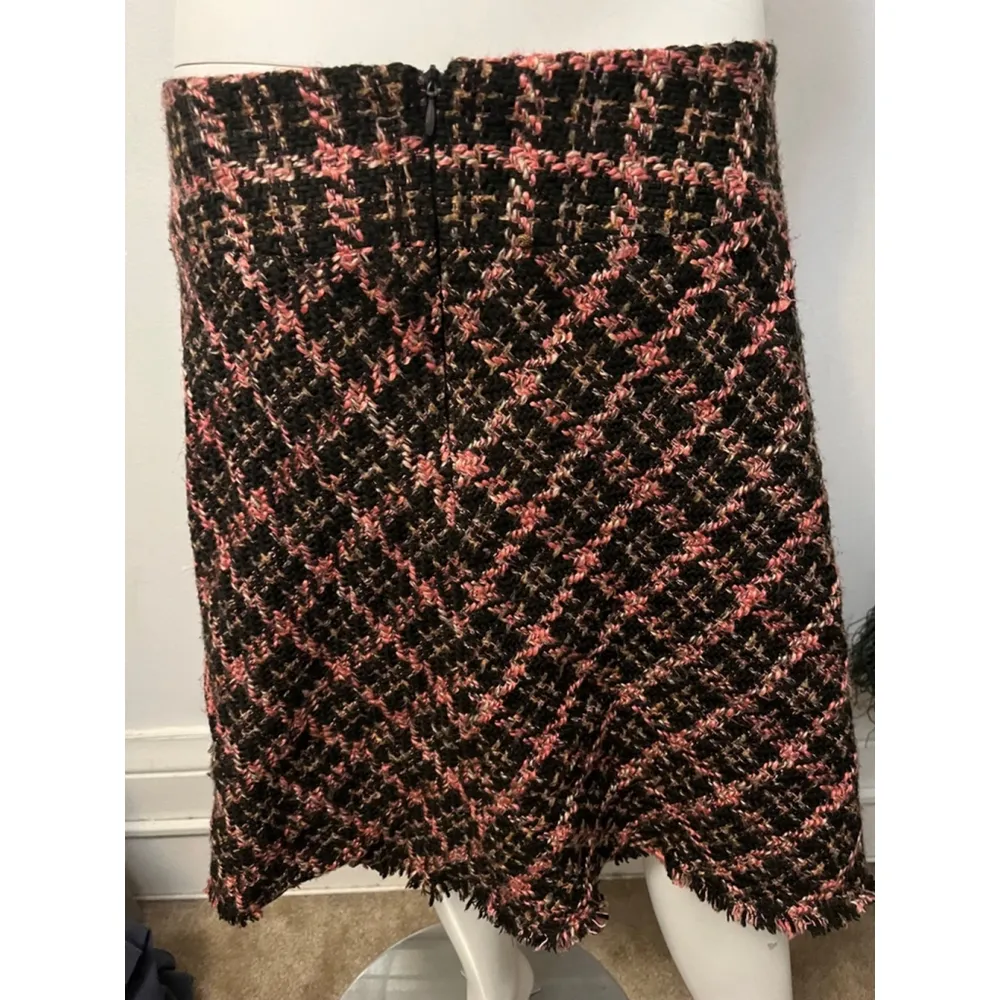 Vintage 90s cotton blend Black Pink tan plaid tweed fringe aline midi skirt 12P - Image 2