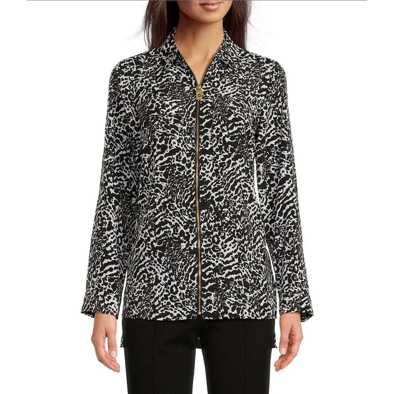Michael Kors‎ Animal Print Zip Front blouse Lightweight White Black Size P - Image 3