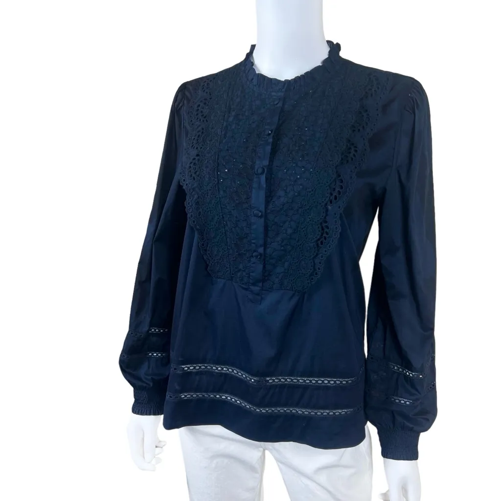 J. Crew Eyelet Tuxedo Bib Henley Cotton Long Sleeve Blouse Size 8 Navy Blue - Image 2