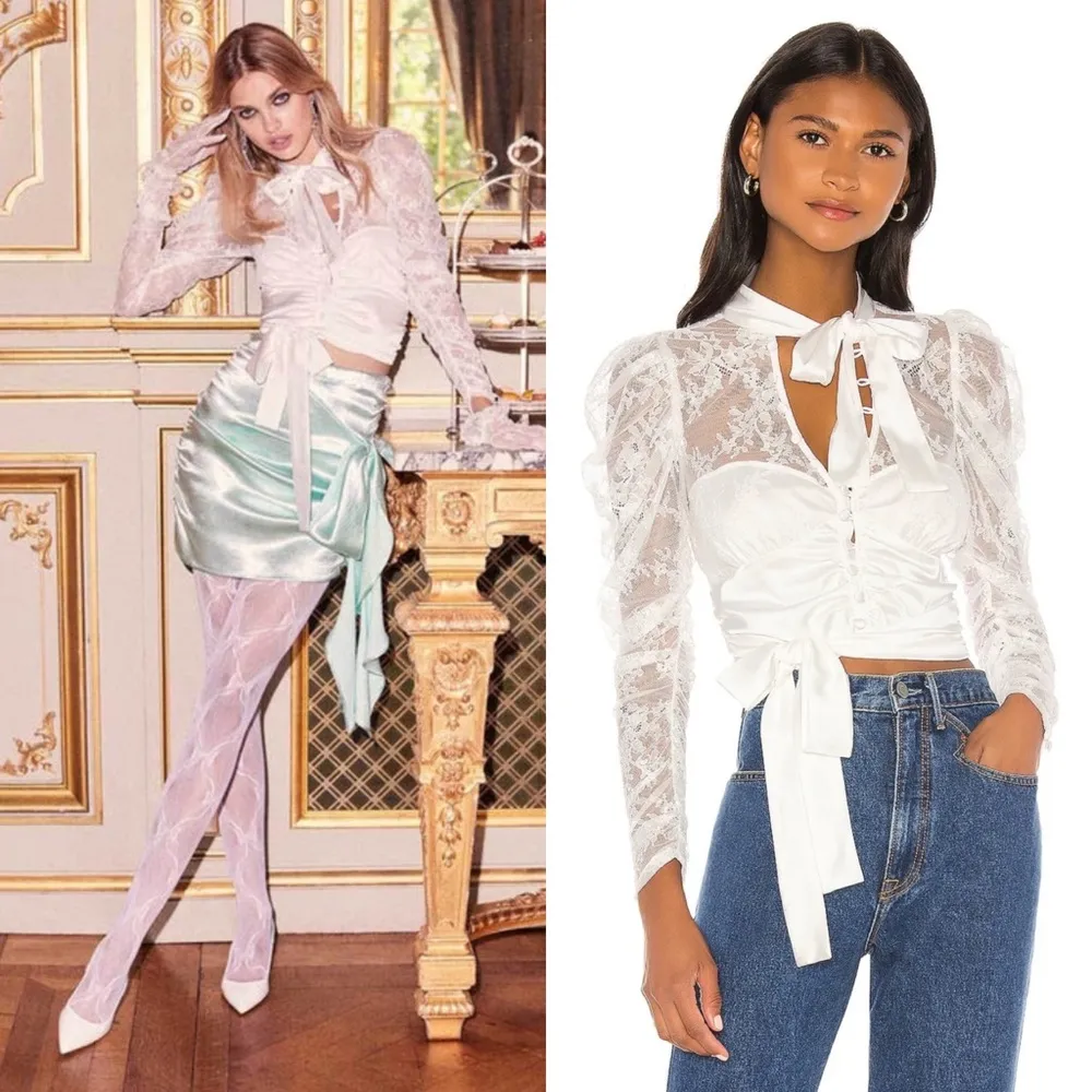 For Love & Lemons White Farrah Button Up Lace Blouse w/ P ussy Bow + Waist Tie - Image 4