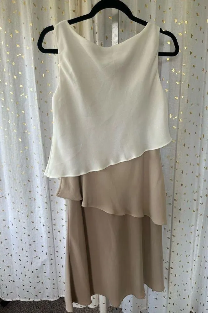 S.L. Fashion Asymmetric Flounce Tiered Ruffle Neutral Color Block Sheath Dress 8 - Image 3