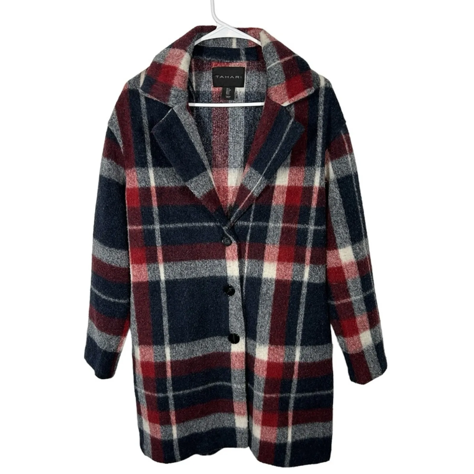 Tahari Wool Blend Plaid Shacket Size Small Red White & Blue Mid-Length - Image 2
