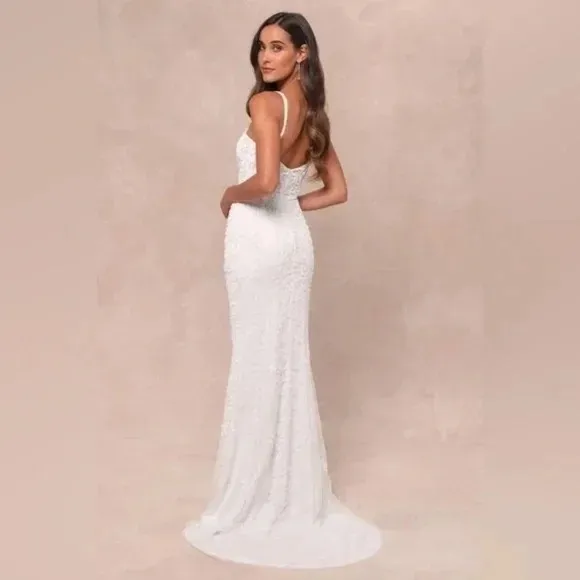 Lulus Momentous Love White Beaded Bustier Mesh Mermaid Maxi Dress Size L Size L - Image 9