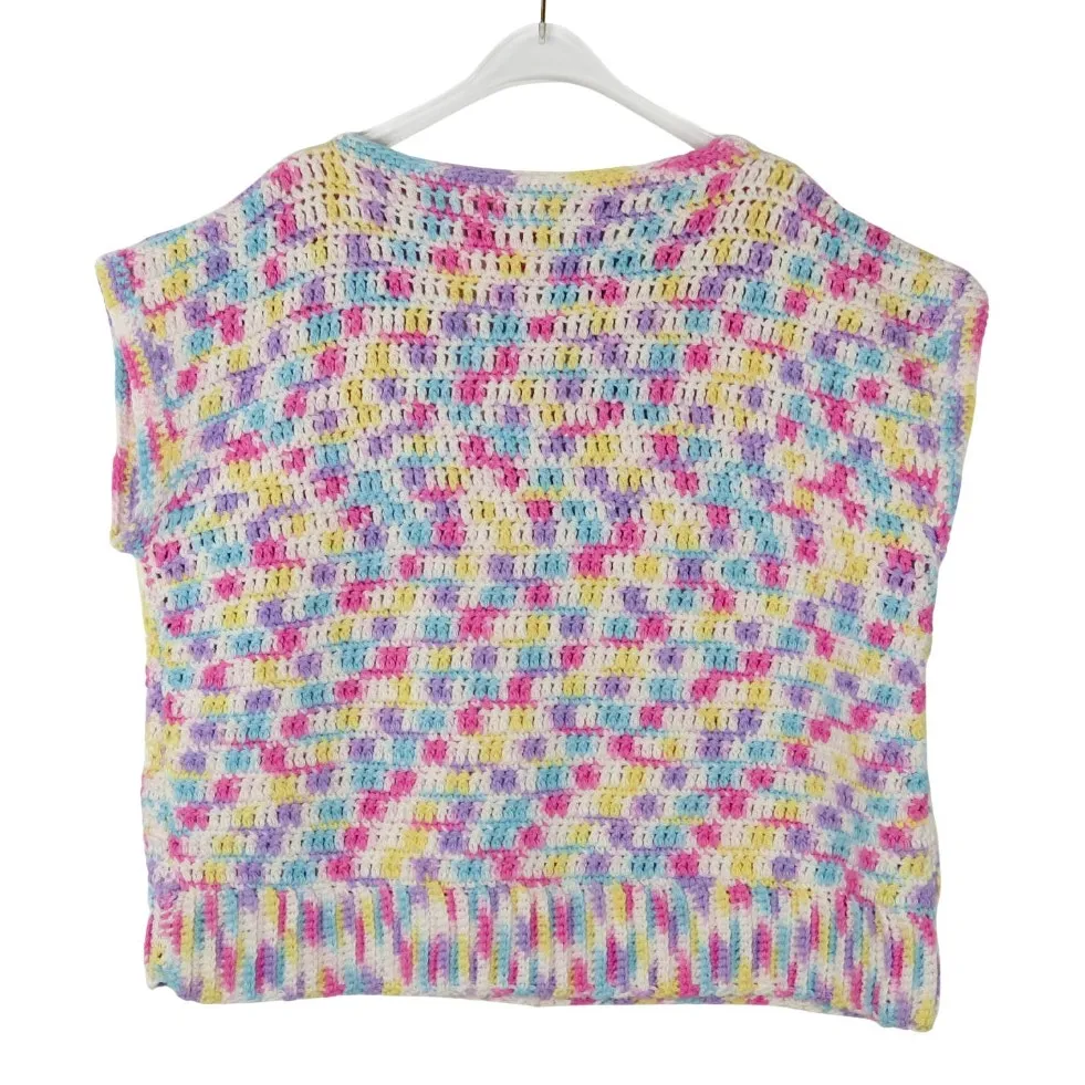 Vintage Handmade Pastel Multicolor Crochet Knit Sleeveless Boxy Sweater Large Pink - Image 5