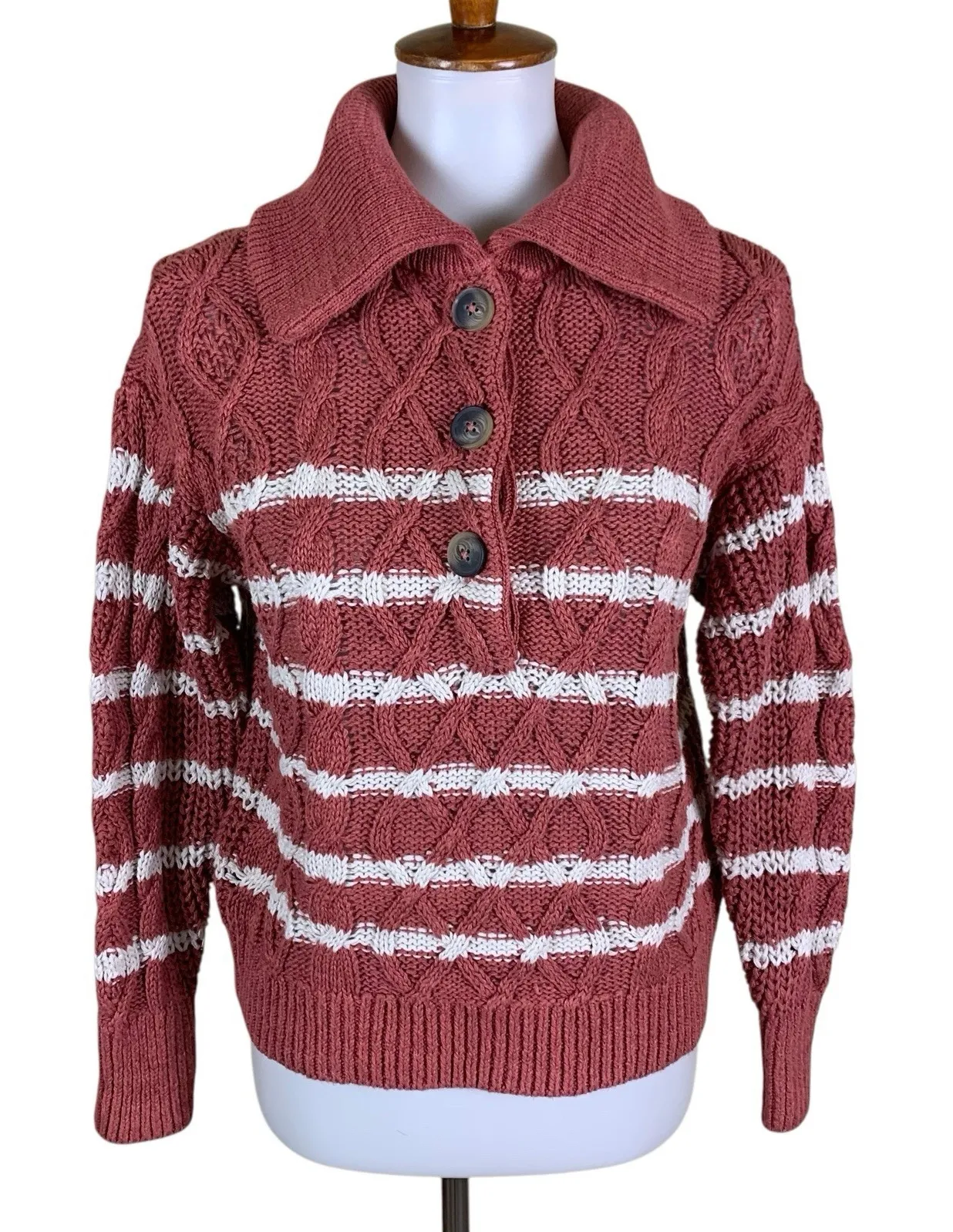 Garnet Hill Linen Cotton Cable Knit Striped Button Collar Sweater XS - Image 1