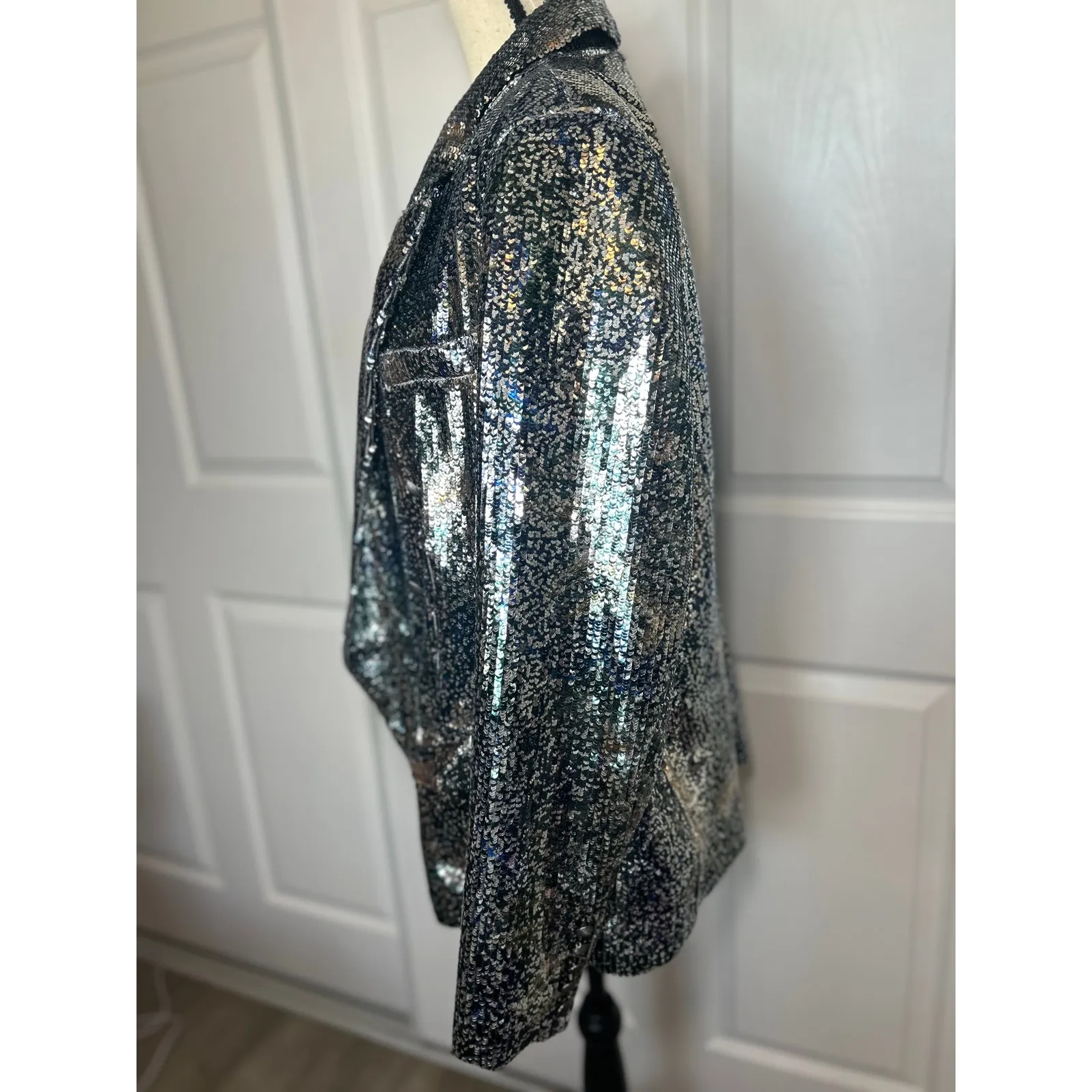 L'Agence Kenzie Sequin Metallic Blazer Jacket Silver Double‎ Breasted Size 16 - Image 4