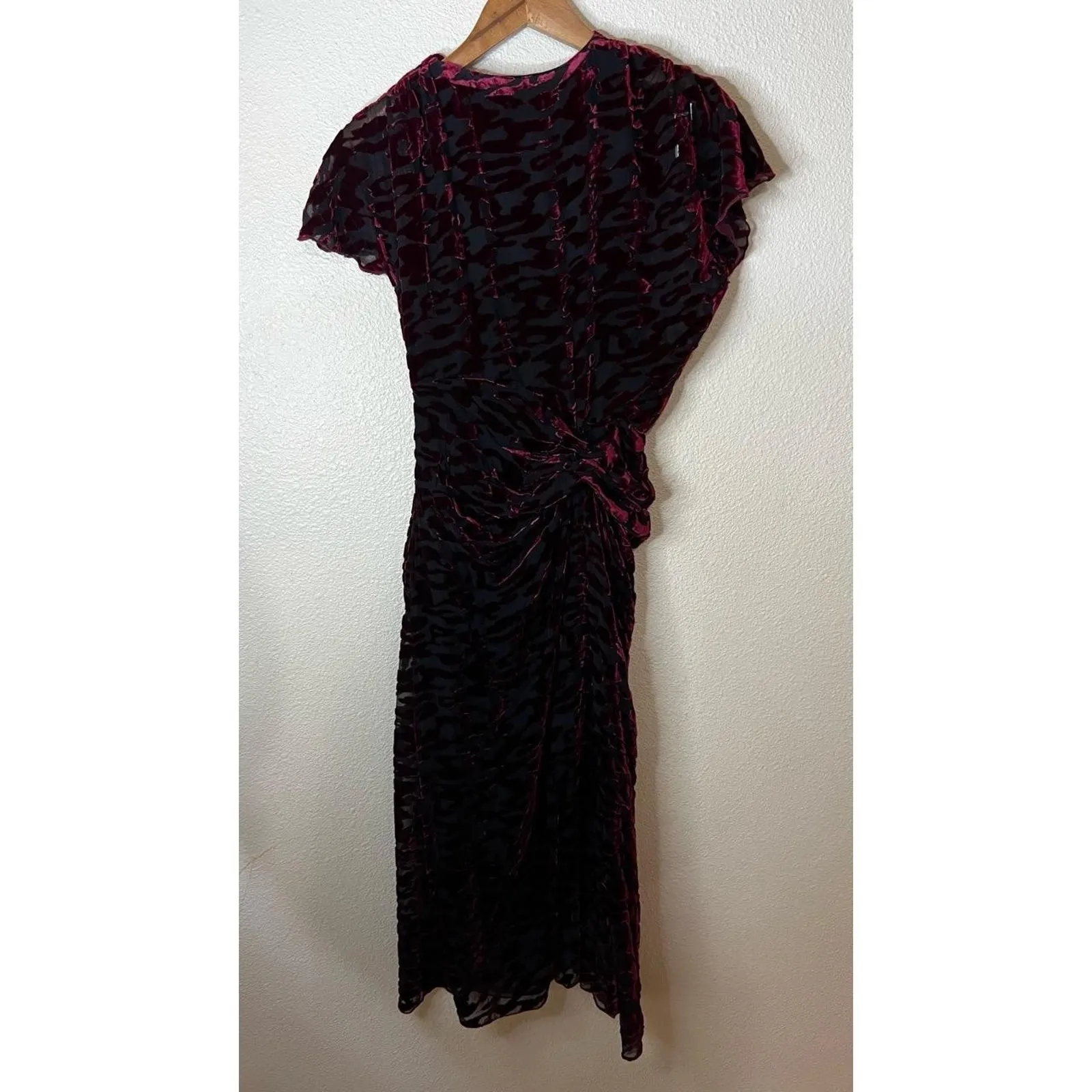 ZARA Womens Midi Dress XS Mulberry Velvet Burnout Ruched Draped Limited Edition - Image 9