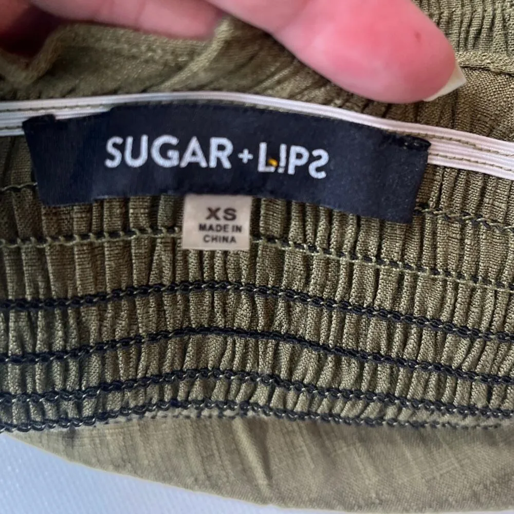 Sugarlips Milkmaid Peplum Womens Top Sz XS Olive Smocked Cottagecore Puff Sleeve - Image 8