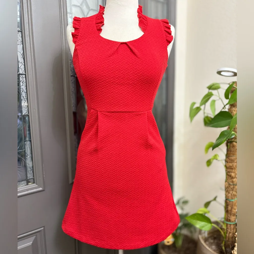 Anthropologie THML Red Textured Sleeveless Ruffle Detail 2 Pocket Dress - Image 2
