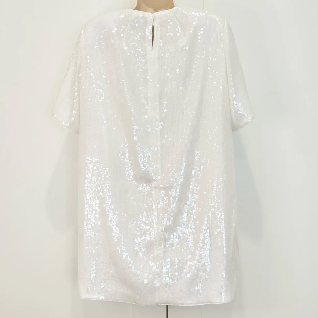 Theory Sequin T-Shirt Mini Dress Oversized White Small Chic Holiday Bridal Party - Image 6