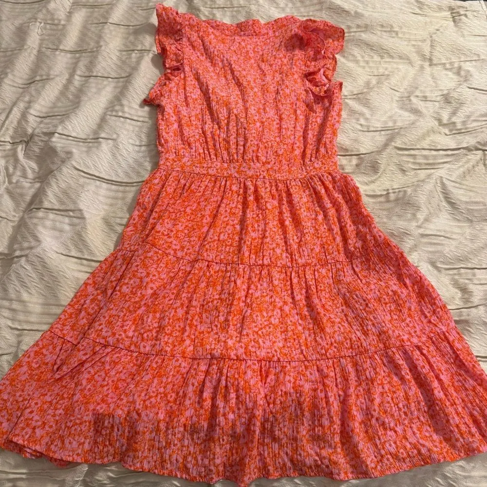 Rachel Zoe Pink & Orange Floral Flutter Sleeve Tiered A-Line Mini Dress - Image 5