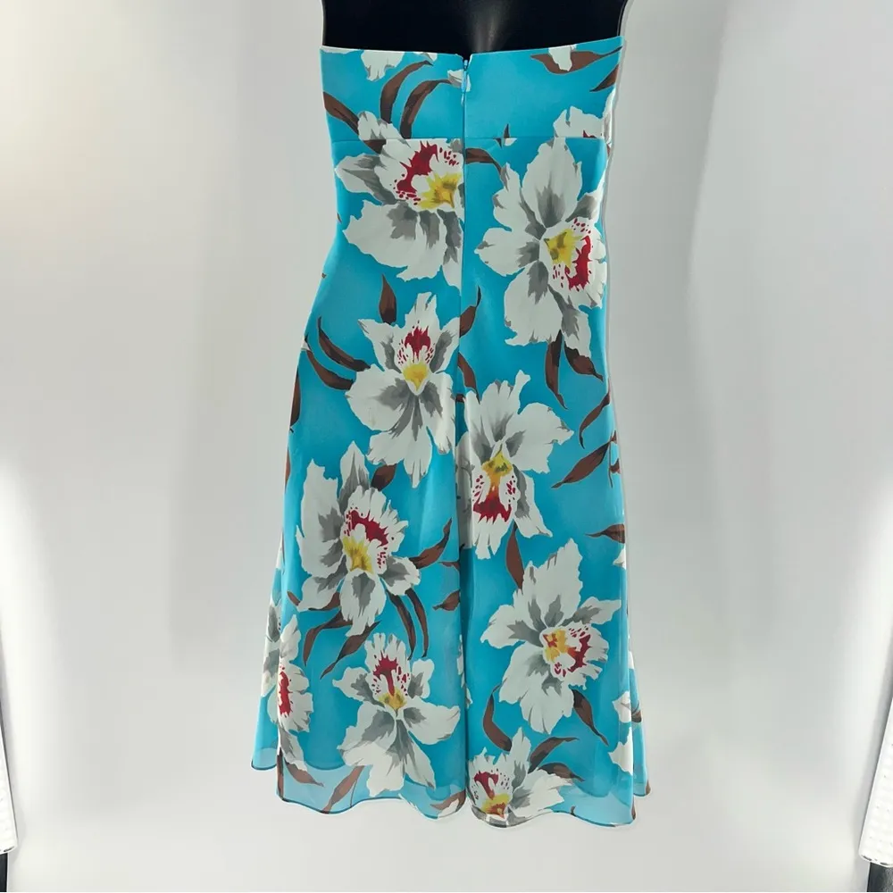 ABS Allen Schwartz Strapless Mini Blue w/White, Green, Red Floral Print Dress-4 - Image 7