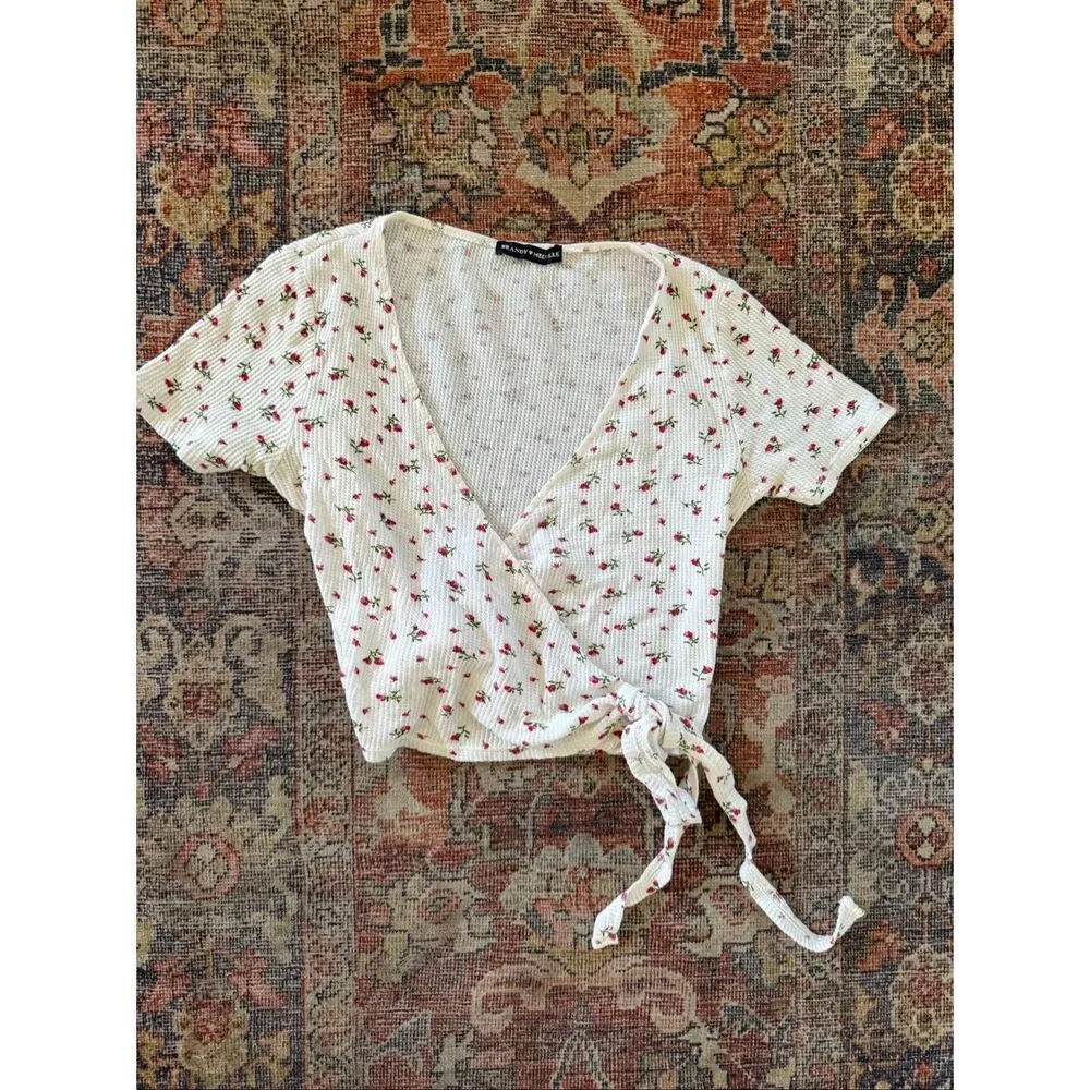 Brandy Melville Rae Floral Thermal Wrap Short Sleeve Top - Image 2