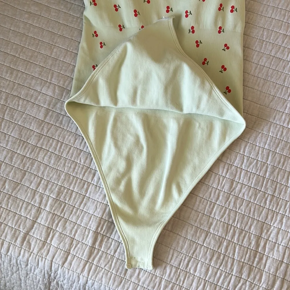 OQQ large light tan cherry, print, cute ribbed seamless, comfy bodysuit tank top Red - Image 10