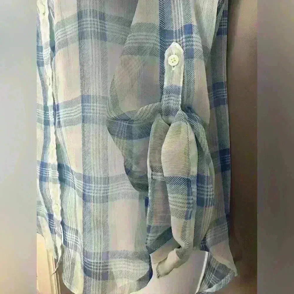Abercrombie and Fitch Blue and White Plaid Sheer Women's Top (289) - Image 6
