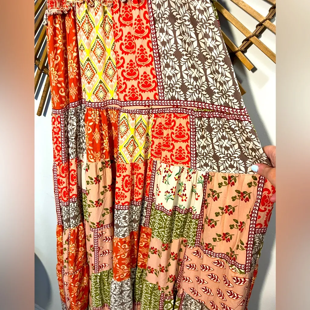 Abel the Label Bohemian Multicolor Patchwork Smocked Maxi Dress with Tie Straps - Image 6