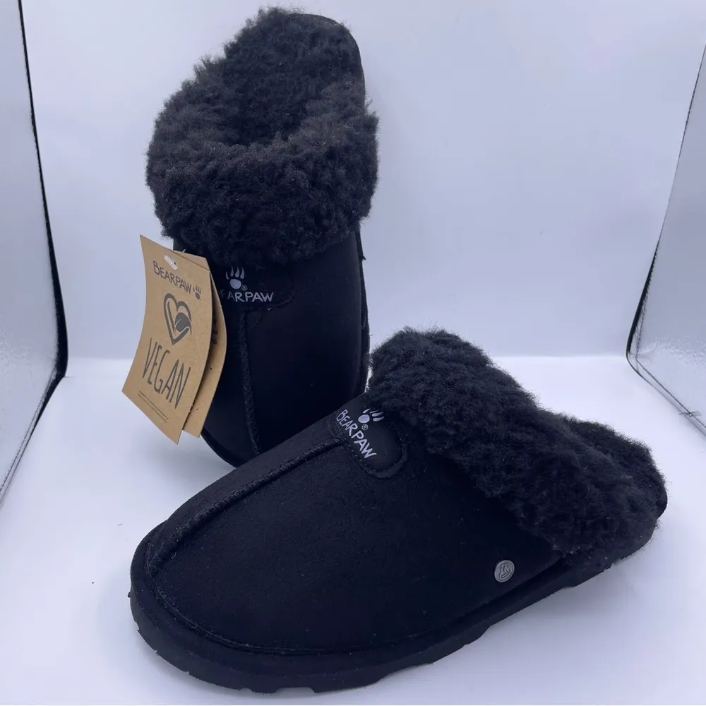 vegan faux fur Loki women black slippers Size 6 - Image 3