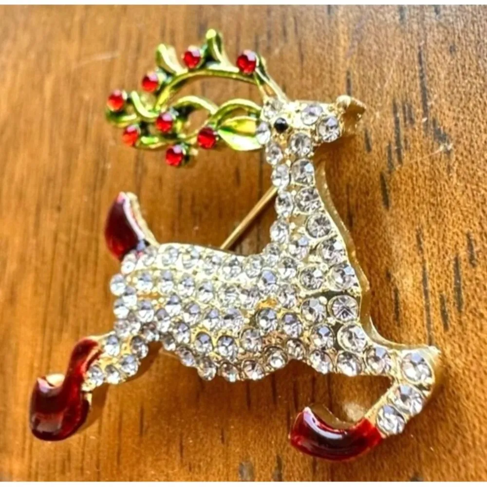 Reindeer Brooch Pin Rudolph Christmas Eve New Crystal Accents Santa Nort… Gold - Image 10