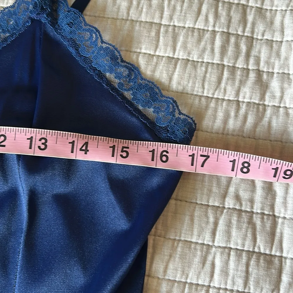 Vintage navy blue lace trim dainty feminine romantic midi slip dress med​ - Image 10