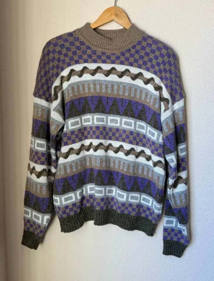 Vintage French Navy Sweater – Size Large – Angora Blend – Shoulder Pads Purple - Image 1