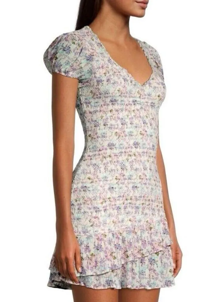 LOVESHACKFANCY Floral Smocked Mini Dress Puff Sleeve Asymmetric Ruffle Coquette - Image 2