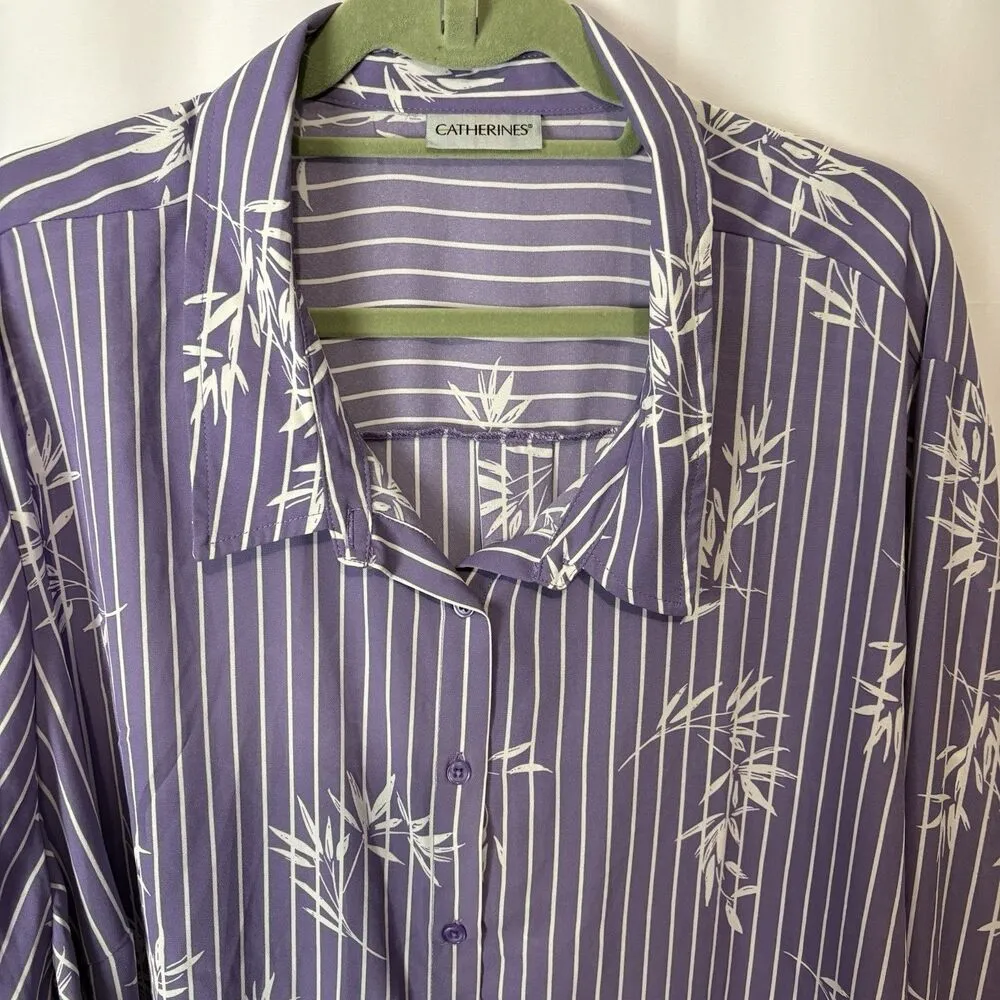Catherines Shirt Wonens 3X Purple Striped Floral Button Down Shirt Semi Sheer - Image 2